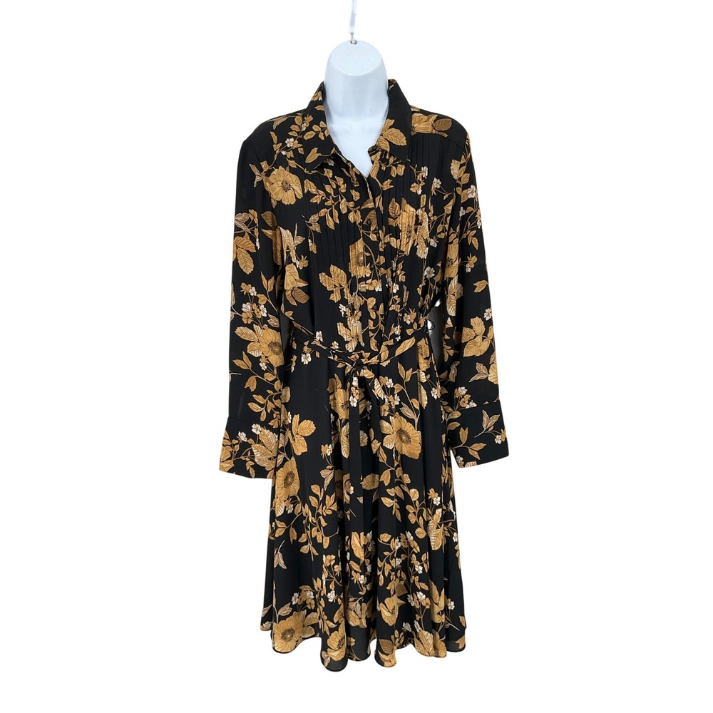 Nanette Lepore Shirt Dress Womens 10 Black Floral Pleated Tie Waist Classic Boho